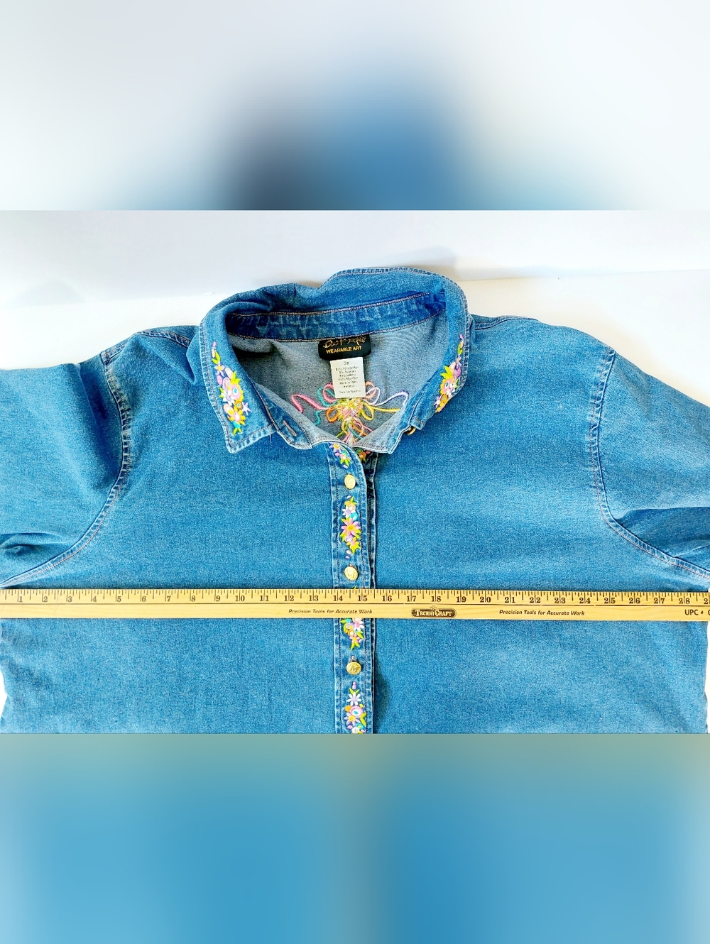 Maypole Spring Floral Embroidered Denim/Chambray Shirt 3X Bob Mackie May Day - Picture 6 of 7